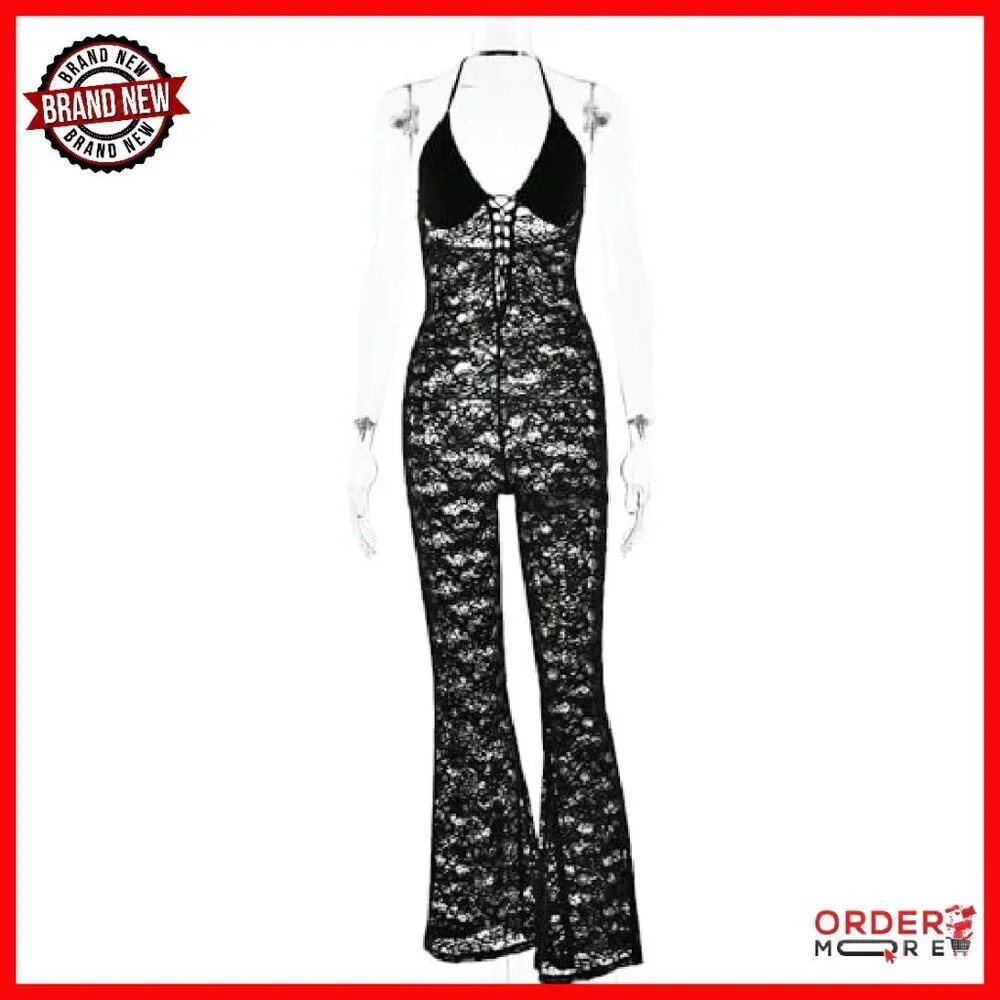 Lace Jumpsuit Sleeveless V Neck Backless See Through Flare Pants